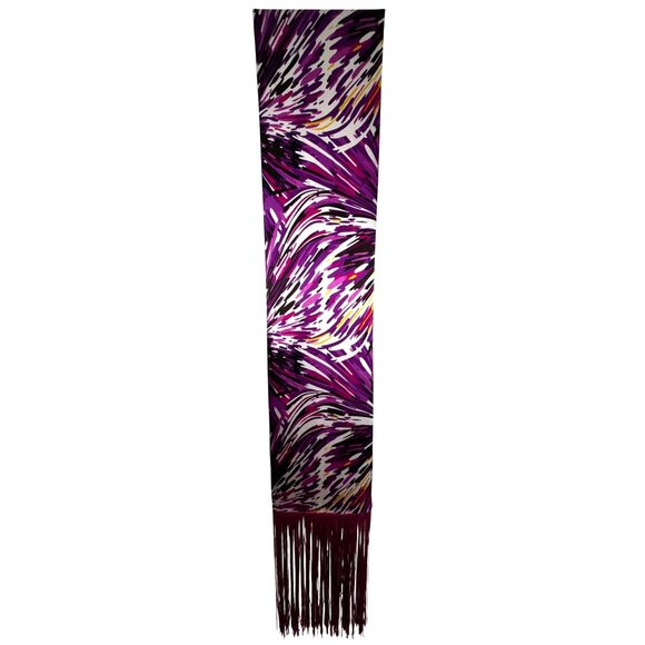 Bebe Long Purple Abstract Patterned Silk Scarf With Fringe Glam Rock Luxury Hot - Picture 1 of 4